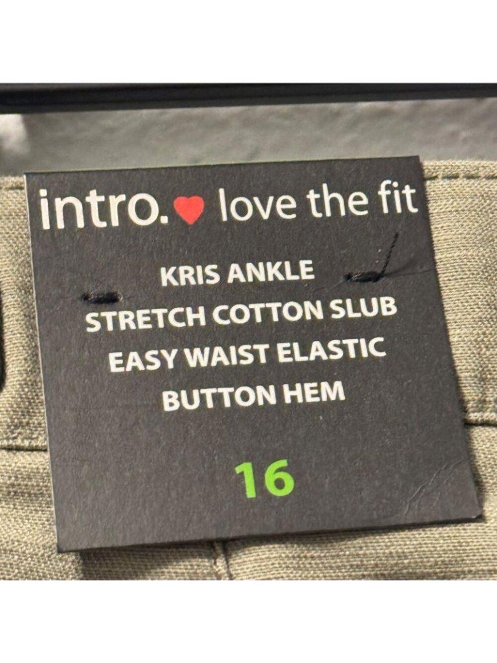 Intro. Kris Ankle Stretch Cotton Slub olive green Pants Size 16 women NWT - Picture 3 of 12